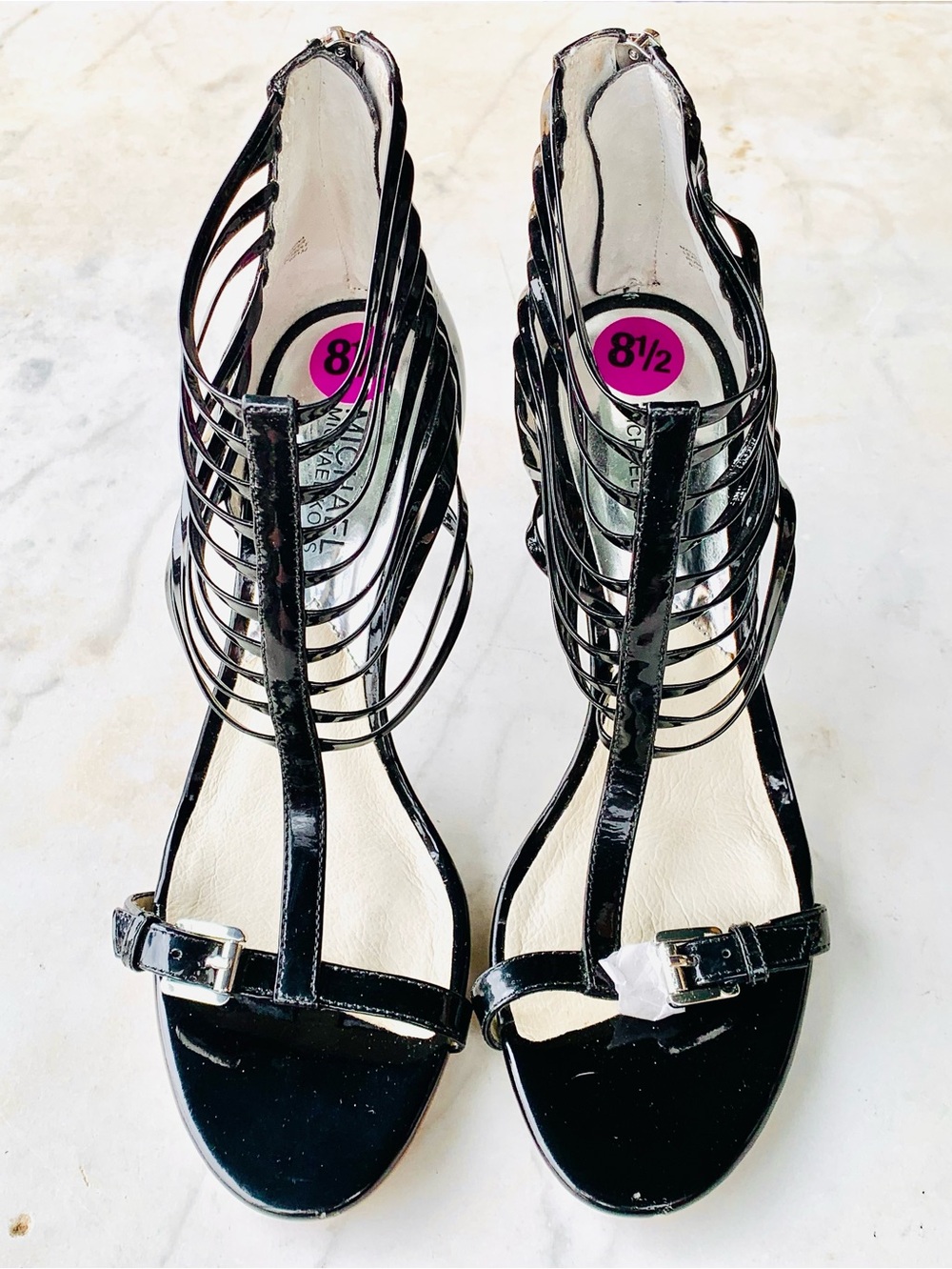 Michael Kors Black Patent Strappy MOLLY Gladiator Heels 8.5 NEW ZIPPERS T-STRAP